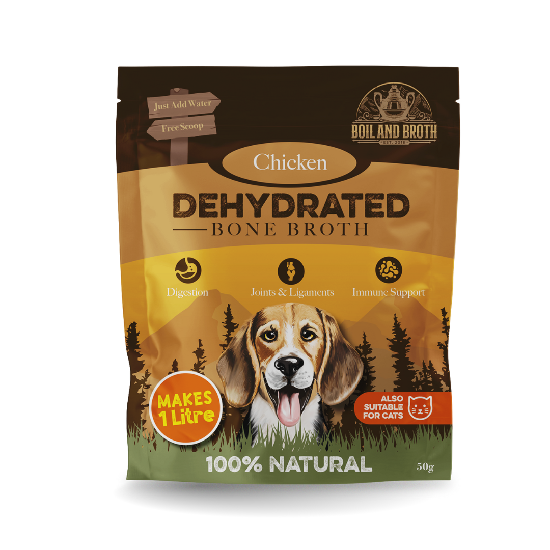 Dehydrated bone broth package for dogs and cats with a dog illustration on a white background