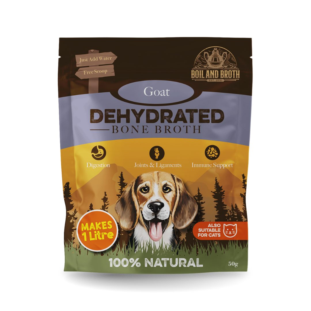 Dehydrated bone broth package for dogs and cats with a dog illustration on a white background