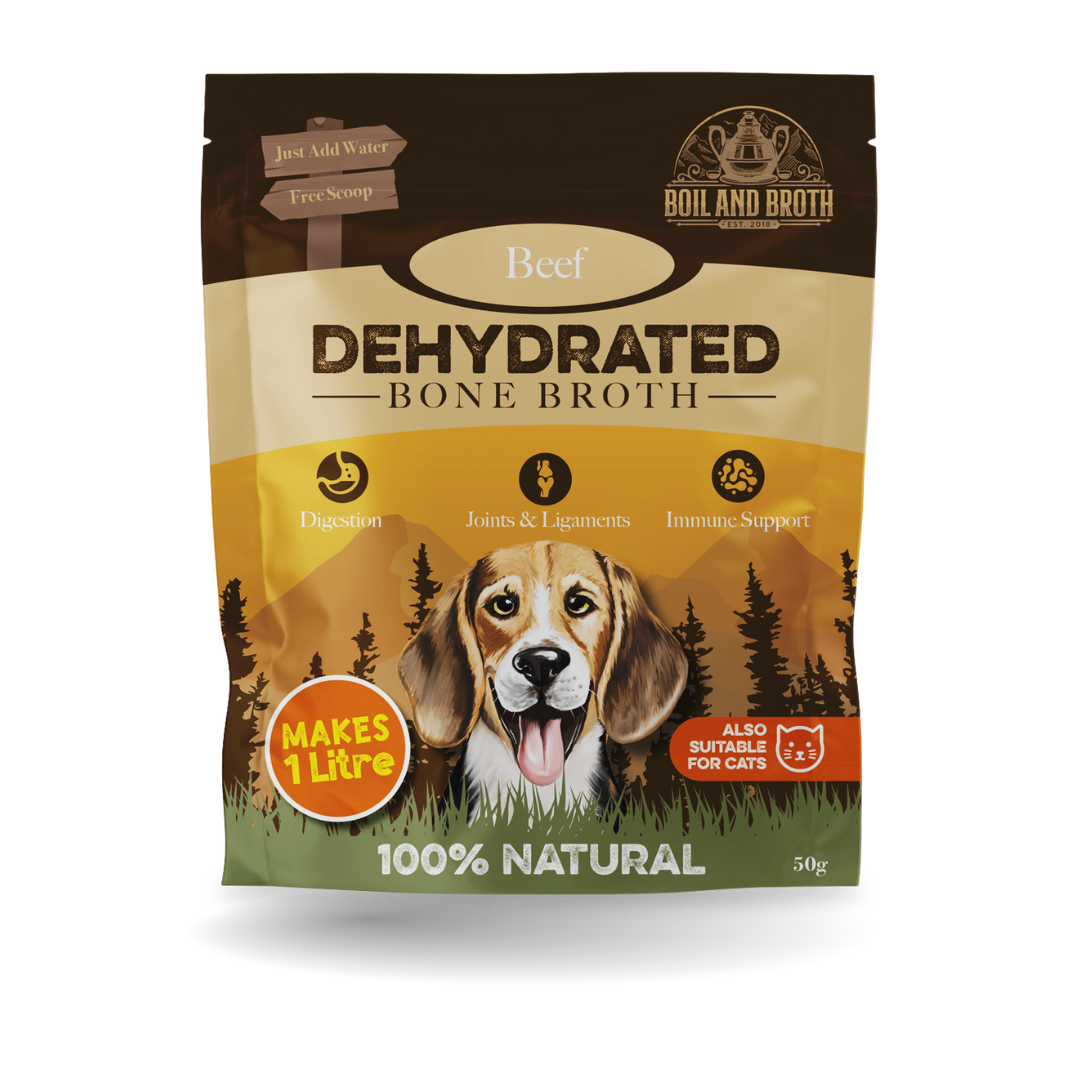 Dehydrated bone broth package for dogs and cats with a dog illustration on a white background